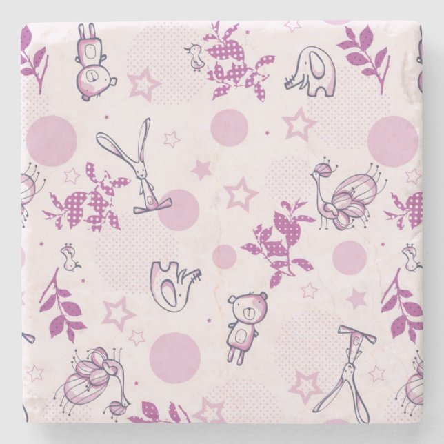 pattern displaying vintage baby animals stone coaster (Front)