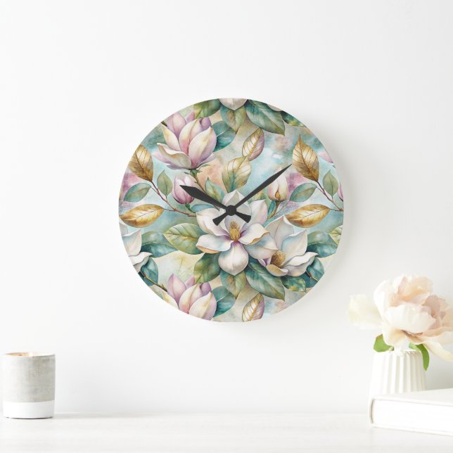 Pattern Elegant Magnolia Flowers Large Clock (Home)