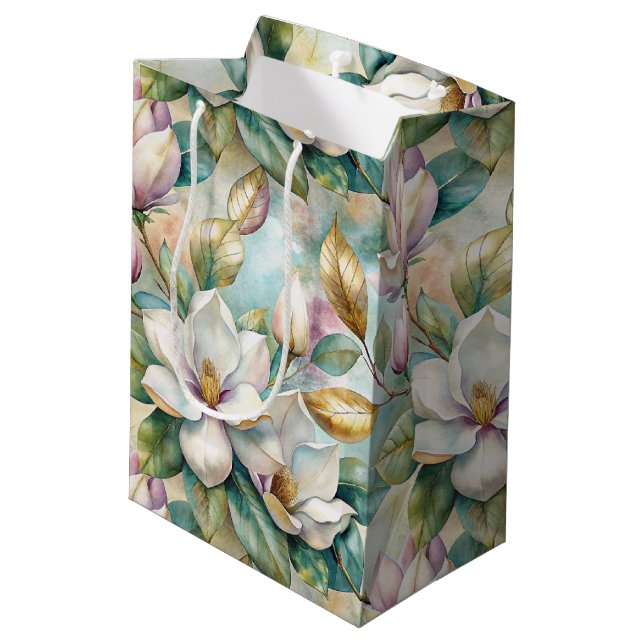 Pattern Elegant Magnolia Flowers Medium Gift Bag (Back Angled)