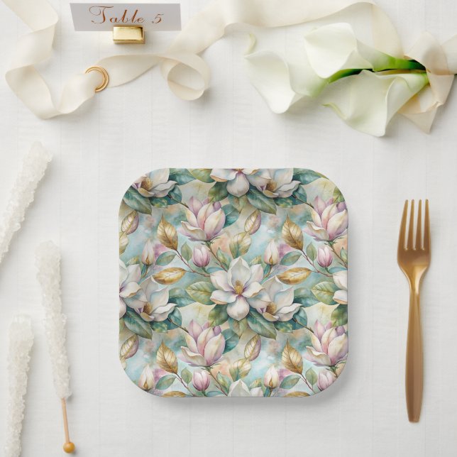 Pattern Elegant Magnolia Flowers Paper Plate (Wedding)