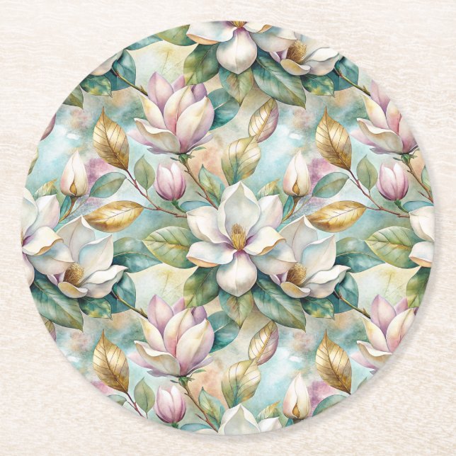 Pattern Elegant Magnolia Flowers Round Paper Coaster (Front)