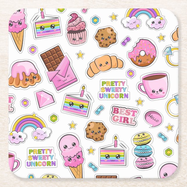 Pattern Funny Unicorn Magic Rainbow Cute Square Paper Coaster (Front)