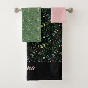 Pattern green leaf name black pink bath towel