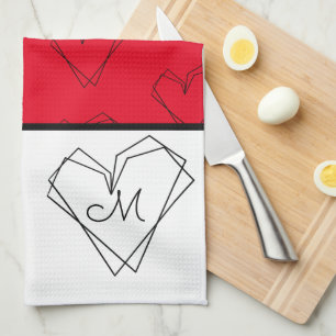 Pattern Heart Line Art Black White  Red  Tea Towel