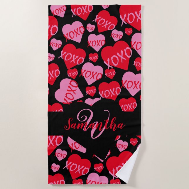 Pattern Hearts XOXO Love Red Pink Black Monogram  Beach Towel (Front)