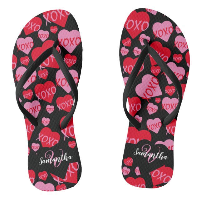 Pattern Hearts XOXO Love Red Pink Black Monogram Flip Flops (Footbed)