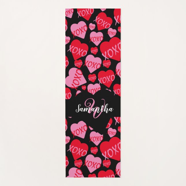 Pattern Hearts XOXO Love Red Pink Black Monogram  Yoga Mat (Front)