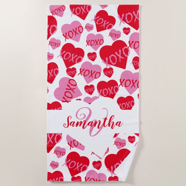 Pattern Hearts XOXO Love Red Pink White Monogram  Beach Towel (Front)