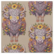 Pattern highland cow sunflower yellow flowers