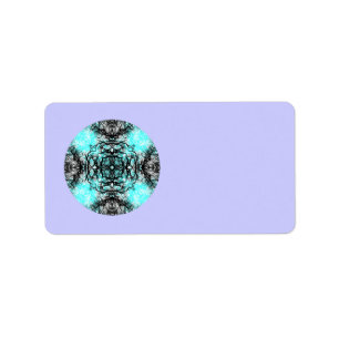 Pattern in Turquoise and Black, on Lilac Purple. Label