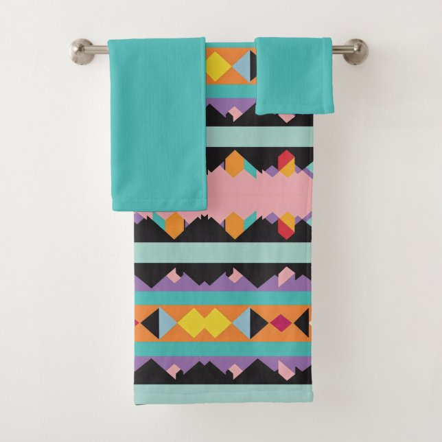 Pattern mix colourful stripes and triangles bath towel set (Insitu)