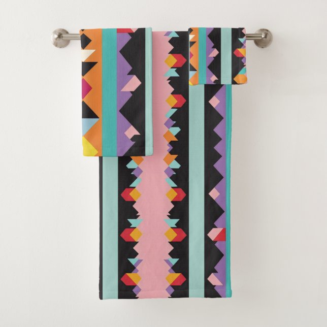 Pattern mix colourful stripes and triangles bath towel set (Insitu)