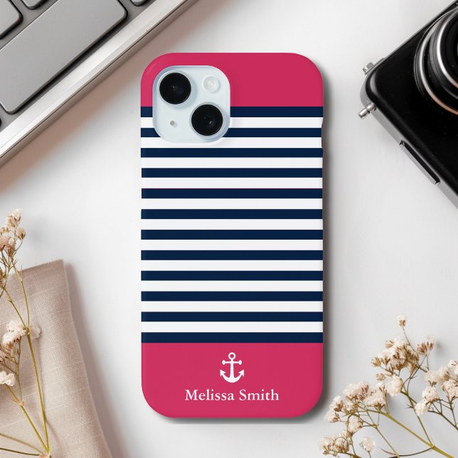 Pattern Navy blue and white bands Red background Case-Mate iPhone Case (Creator Uploaded)