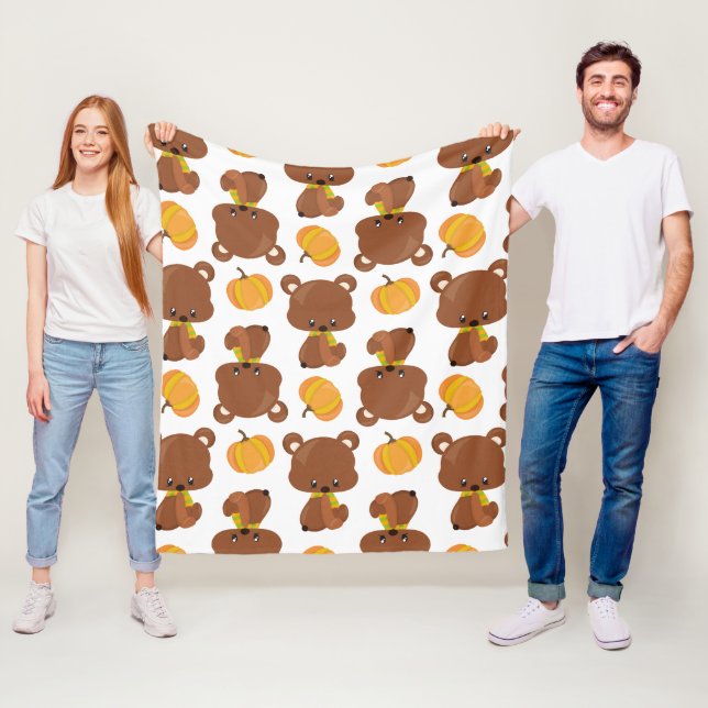 Pattern Of Bears, Cute Bears, Fall, Pumpkins Fleece Blanket (In Situ)