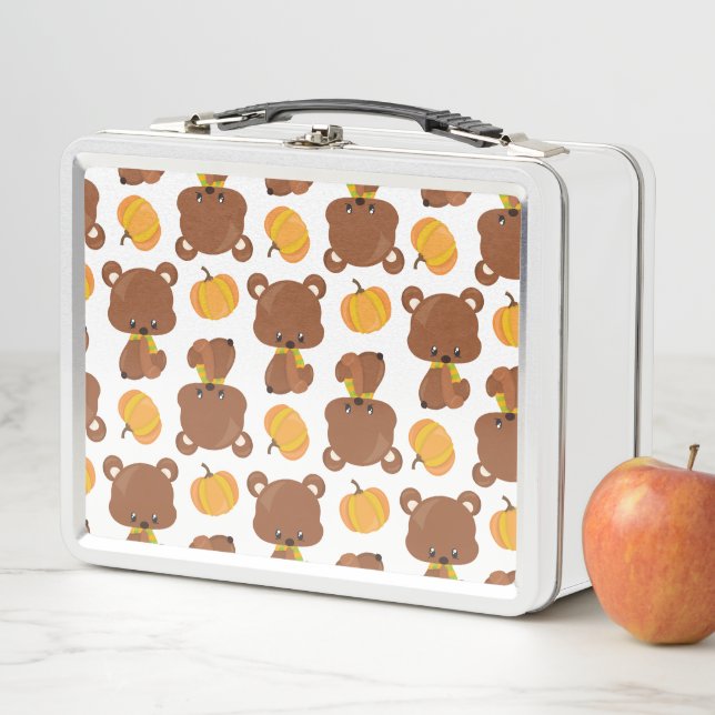 Pattern Of Bears, Cute Bears, Fall, Pumpkins Metal Lunch Box (In Situ)