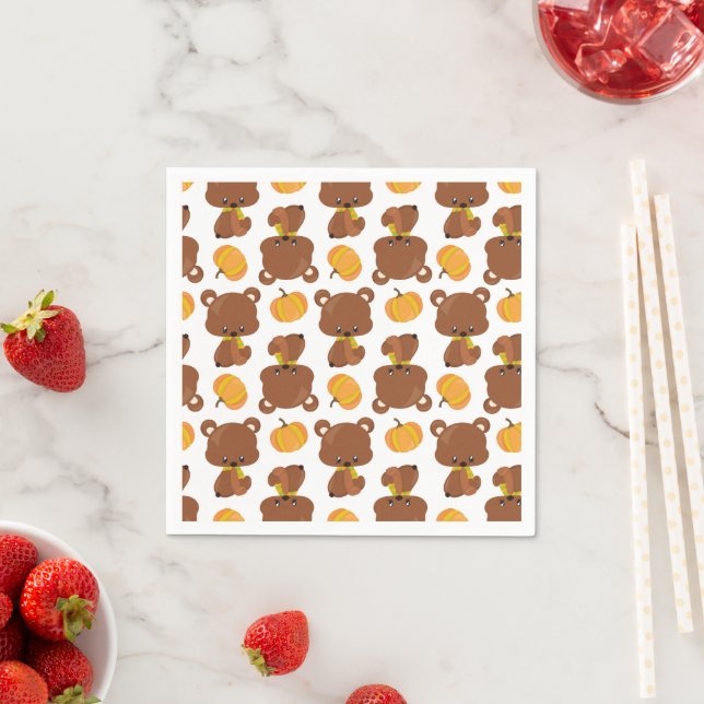 Pattern Of Bears, Cute Bears, Fall, Pumpkins Napkin (Insitu)
