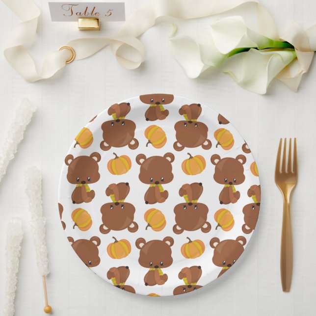 Pattern Of Bears, Cute Bears, Fall, Pumpkins Paper Plate (Wedding)