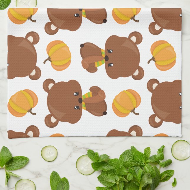 Pattern Of Bears, Cute Bears, Fall, Pumpkins Tea Towel (Folded)