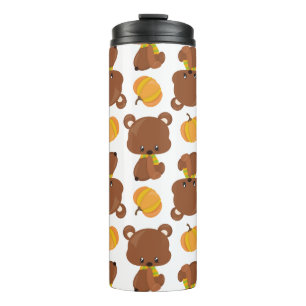 Pattern Of Bears, Cute Bears, Fall, Pumpkins Thermal Tumbler