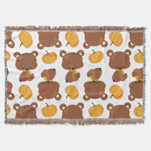 Pattern Of Bears, Cute Bears, Fall, Pumpkins Throw Blanket