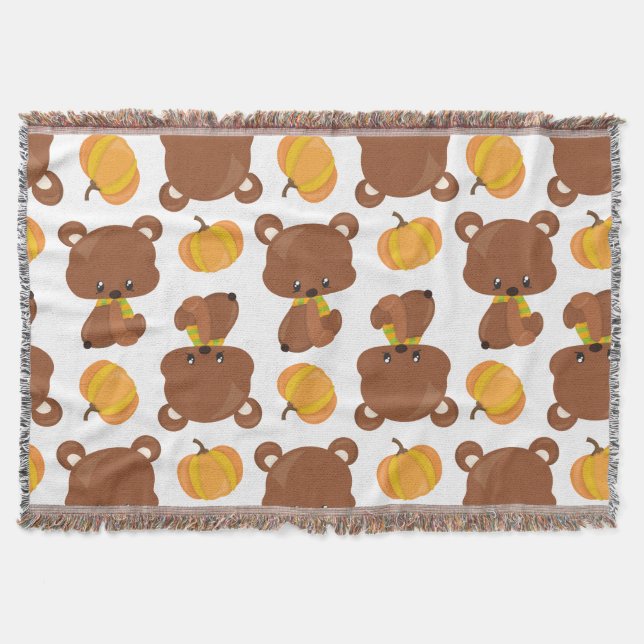 Pattern Of Bears, Cute Bears, Fall, Pumpkins Throw Blanket (Front)