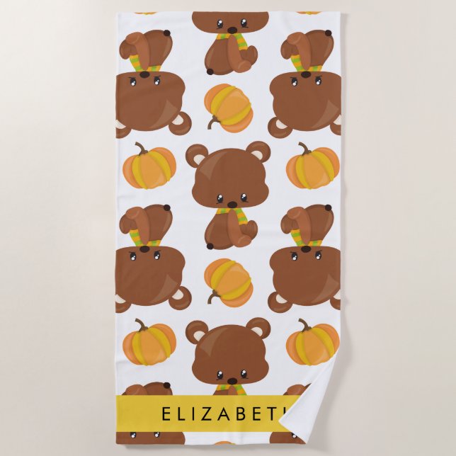 Pattern Of Bears, Cute Bears, Pumpkin, Your Name Beach Towel (Front)