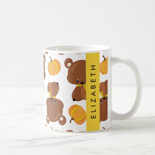 Pattern Of Bears, Cute Bears, Pumpkin, Your Name Coffee Mug (Right)