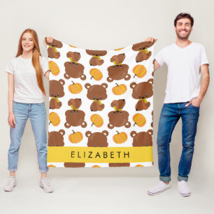 Pattern Of Bears, Cute Bears, Pumpkin, Your Name Fleece Blanket