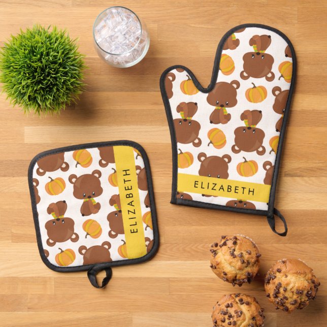 Pattern Of Bears, Cute Bears, Pumpkin, Your Name Oven Mitt & Pot Holder Set (Top Down)