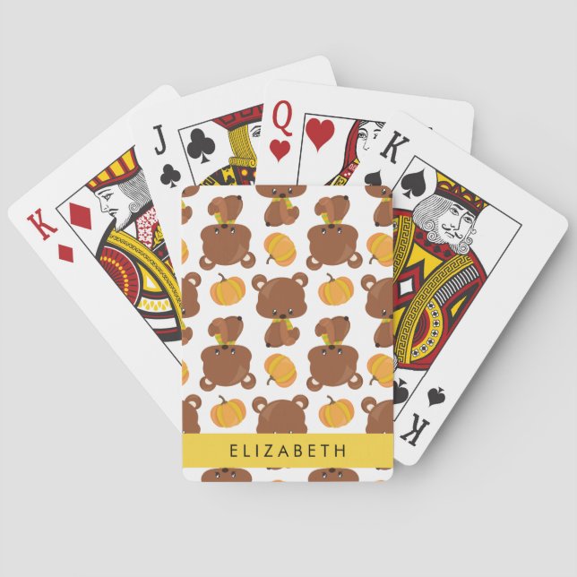 Pattern Of Bears, Cute Bears, Pumpkin, Your Name Playing Cards (Back)