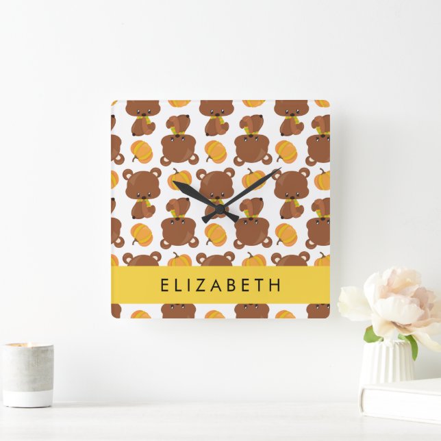 Pattern Of Bears, Cute Bears, Pumpkin, Your Name Square Wall Clock (Home)