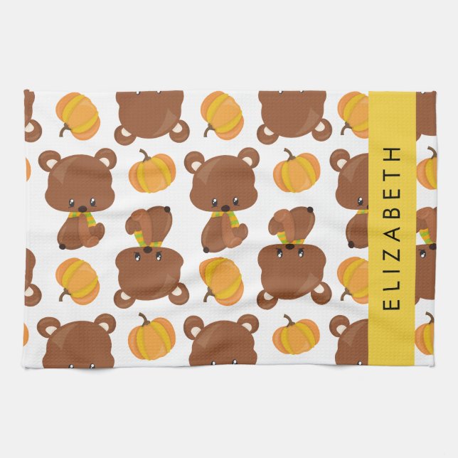 Pattern Of Bears, Cute Bears, Pumpkin, Your Name Tea Towel (Horizontal)