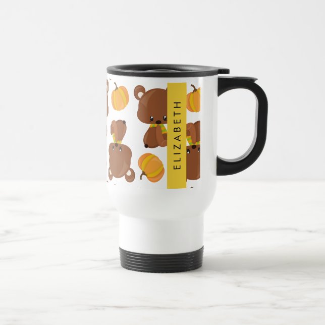 Pattern Of Bears, Cute Bears, Pumpkin, Your Name Travel Mug (Right)