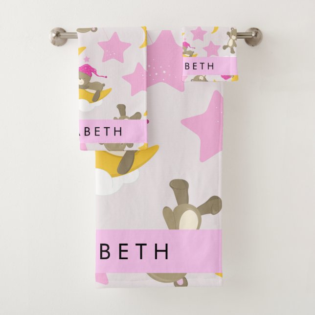 Pattern Of Bears, Teddy Bears, Stars, Your Name Bath Towel Set (Insitu)