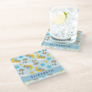 Pattern Of Bears, Teddy Bears, Stars, Your Name Glass Coaster