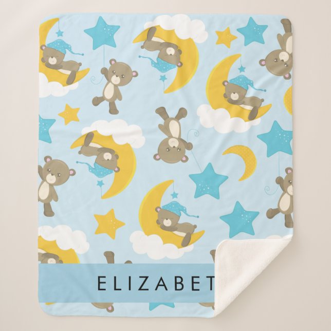 Pattern Of Bears, Teddy Bears, Stars, Your Name Sherpa Blanket (Front)