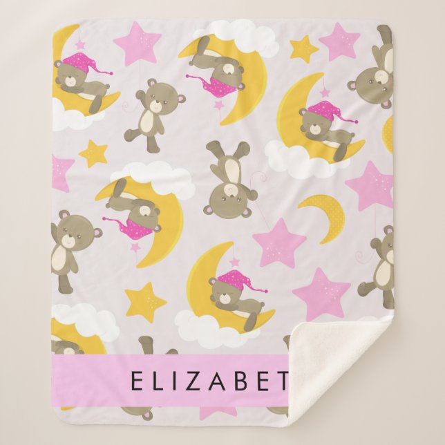 Pattern Of Bears, Teddy Bears, Stars, Your Name Sherpa Blanket (Front)