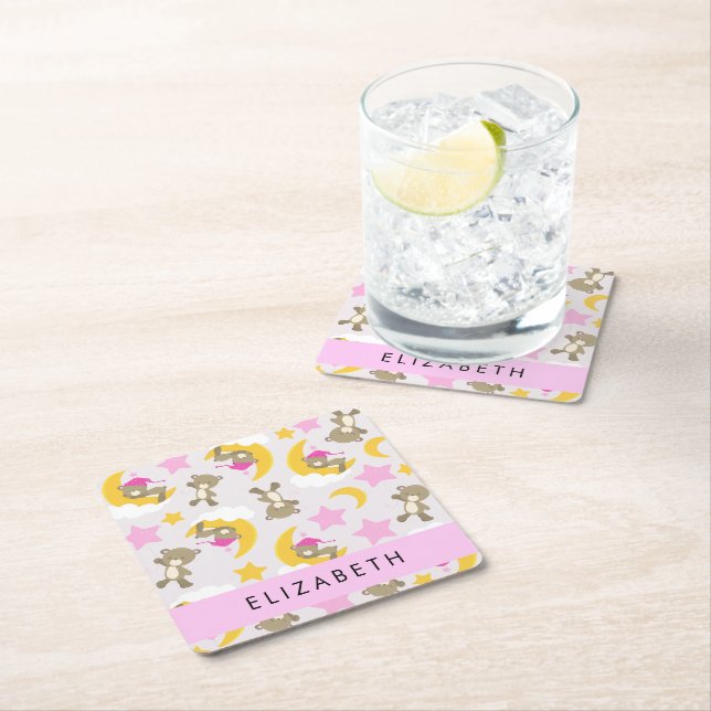 Pattern Of Bears, Teddy Bears, Stars, Your Name Square Paper Coaster (Insitu)