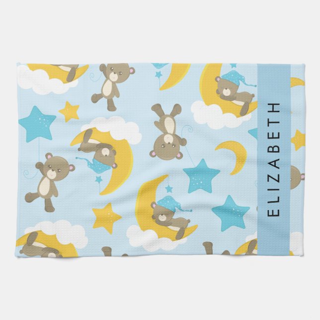 Pattern Of Bears, Teddy Bears, Stars, Your Name Tea Towel (Horizontal)