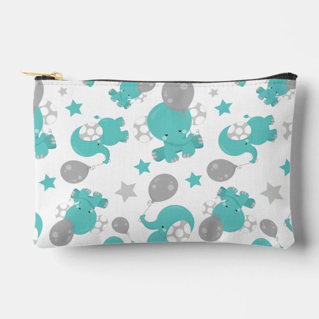 Pattern Of Blue Elephants, Cute Elephants, Stars Accessory Pouch (Front)
