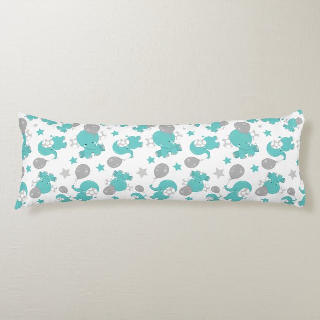 Pattern Of Blue Elephants, Cute Elephants, Stars Body Cushion (Front)