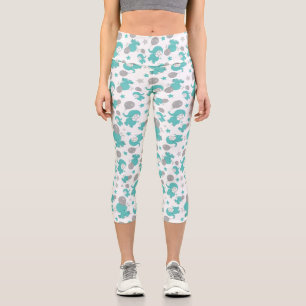 Pattern Of Blue Elephants, Cute Elephants, Stars Capri Leggings