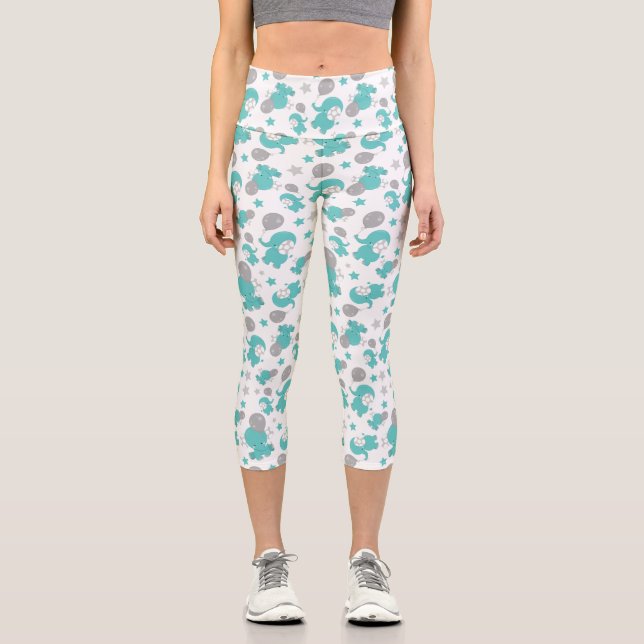Pattern Of Blue Elephants, Cute Elephants, Stars Capri Leggings (Front)
