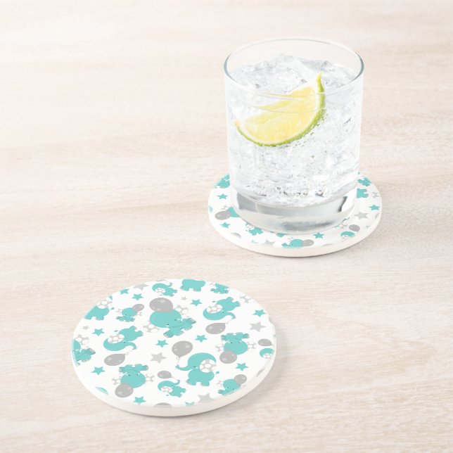 Pattern Of Blue Elephants, Cute Elephants, Stars Coaster (Side)