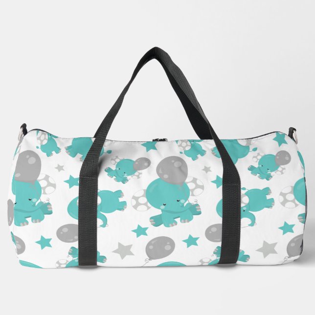 Pattern Of Blue Elephants, Cute Elephants, Stars Duffle Bag (Front)
