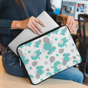 Pattern Of Blue Elephants, Cute Elephants, Stars Laptop Sleeve