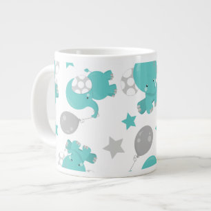Pattern Of Blue Elephants, Cute Elephants, Stars Large Coffee Mug