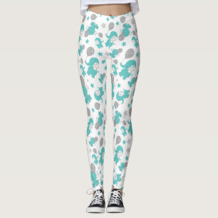 Pattern Of Blue Elephants, Cute Elephants, Stars Leggings