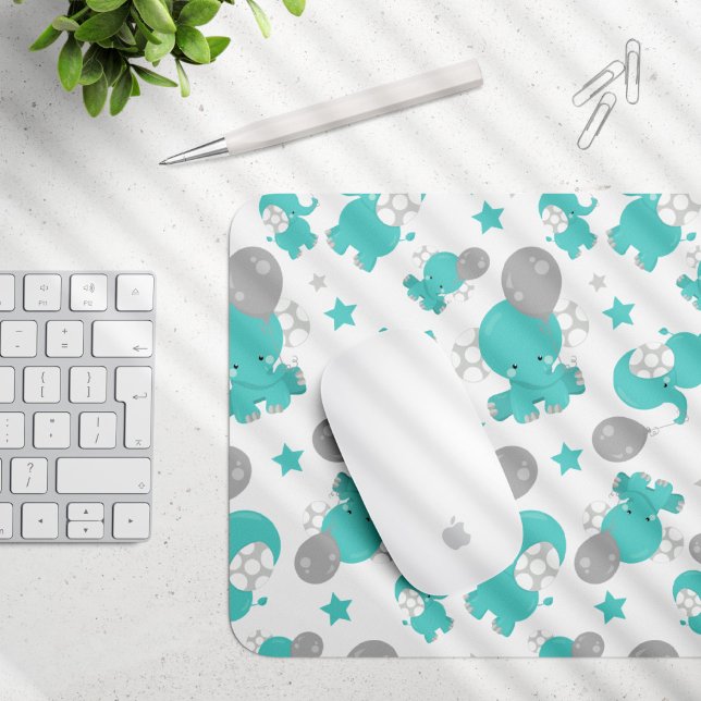 Pattern Of Blue Elephants, Cute Elephants, Stars Mouse Mat (Creator Uploaded)