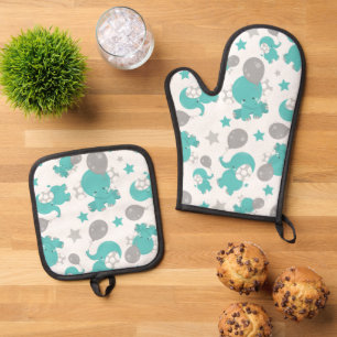 Pattern Of Blue Elephants, Cute Elephants, Stars Oven Mitt & Pot Holder Set